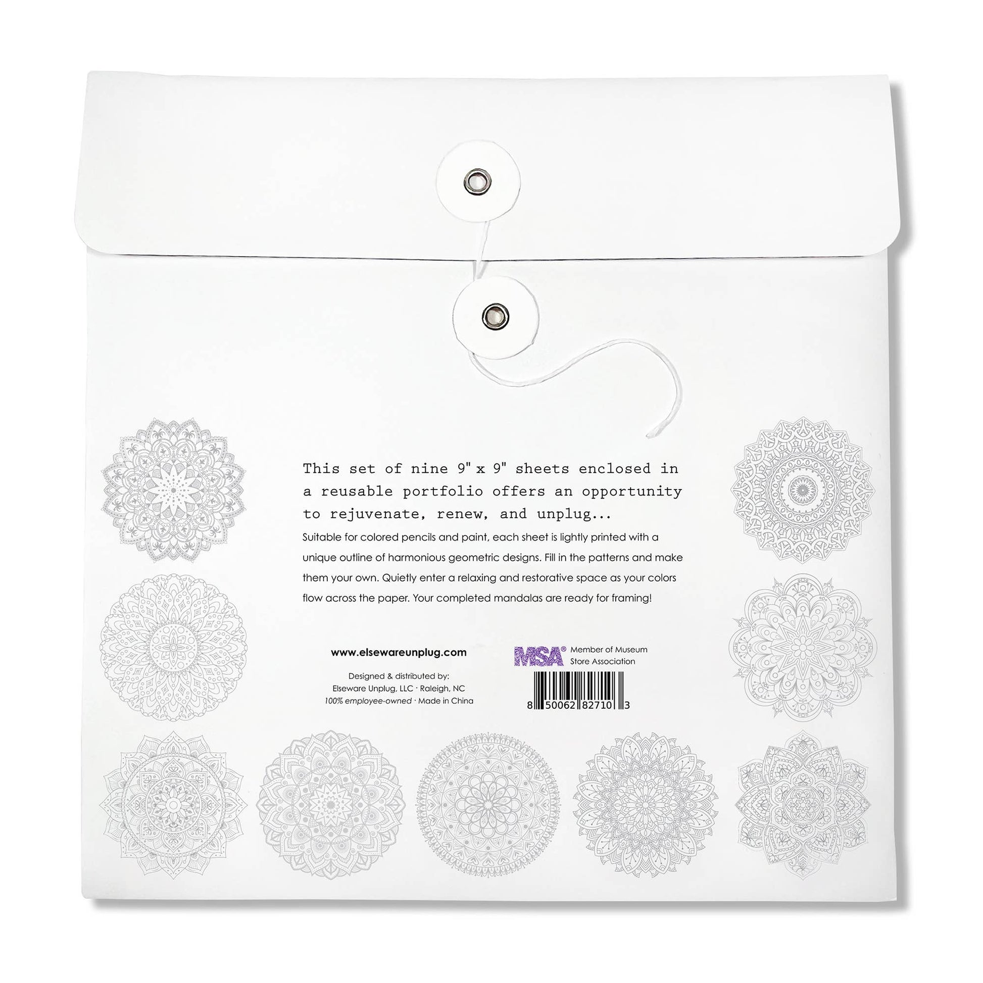 Back of Elseware Unplug mandala coloring sheets portfolio on white background — white string-and-button envelope closure with silver grommets; 9 lightly printed uncolored mandala outlines shown in soft gray arranged in two rows around centered product description text; elsewareunplug.com URL, MSA member badge, Elseware Unplug LLC Raleigh NC attribution, 100% employee-owned, Made in China, and barcode 850062827103