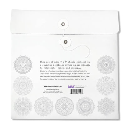 Back of Elseware Unplug mandala coloring sheets portfolio on white background — white string-and-button envelope closure with silver grommets; 9 lightly printed uncolored mandala outlines shown in soft gray arranged in two rows around centered product description text; elsewareunplug.com URL, MSA member badge, Elseware Unplug LLC Raleigh NC attribution, 100% employee-owned, Made in China, and barcode 850062827103