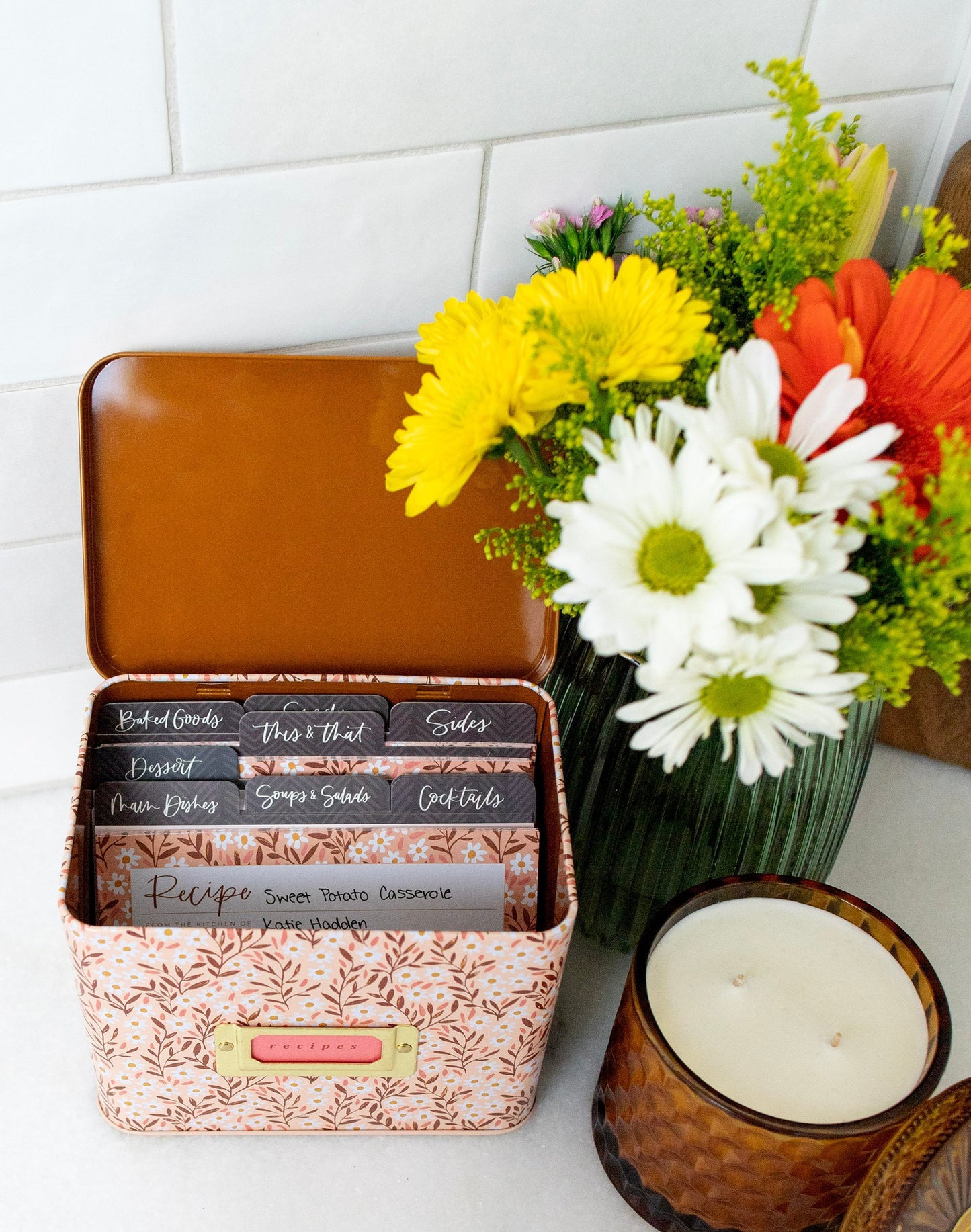 Metal Recipe Box; Pink Tiny Floral