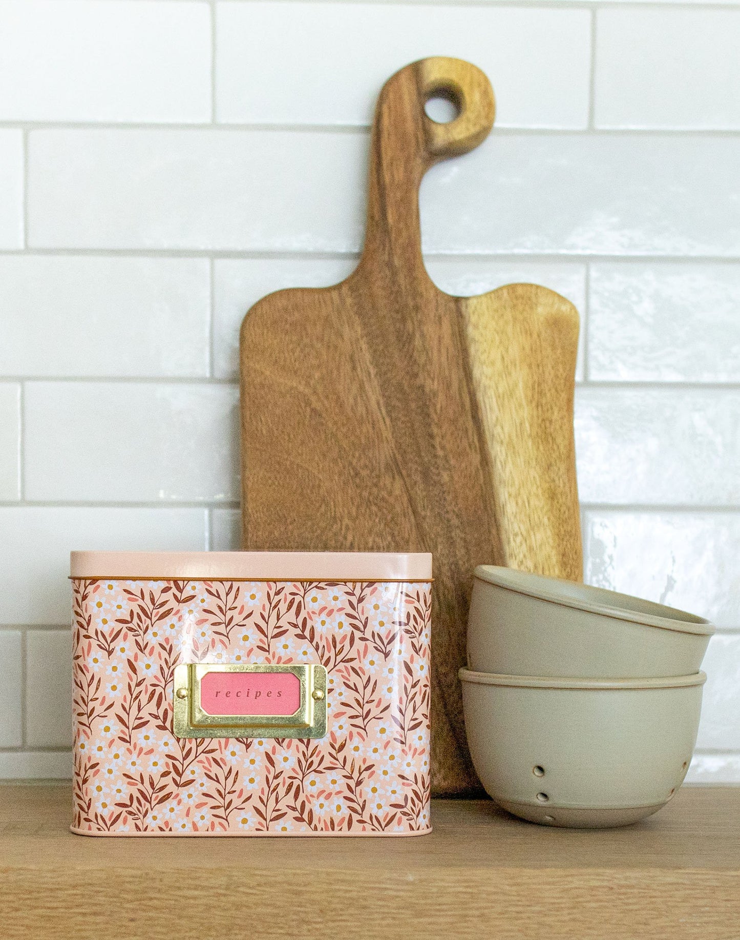 Metal Recipe Box; Pink Tiny Floral