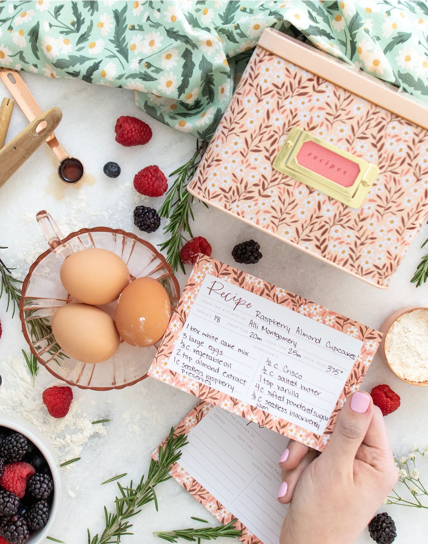 Metal Recipe Box; Pink Tiny Floral