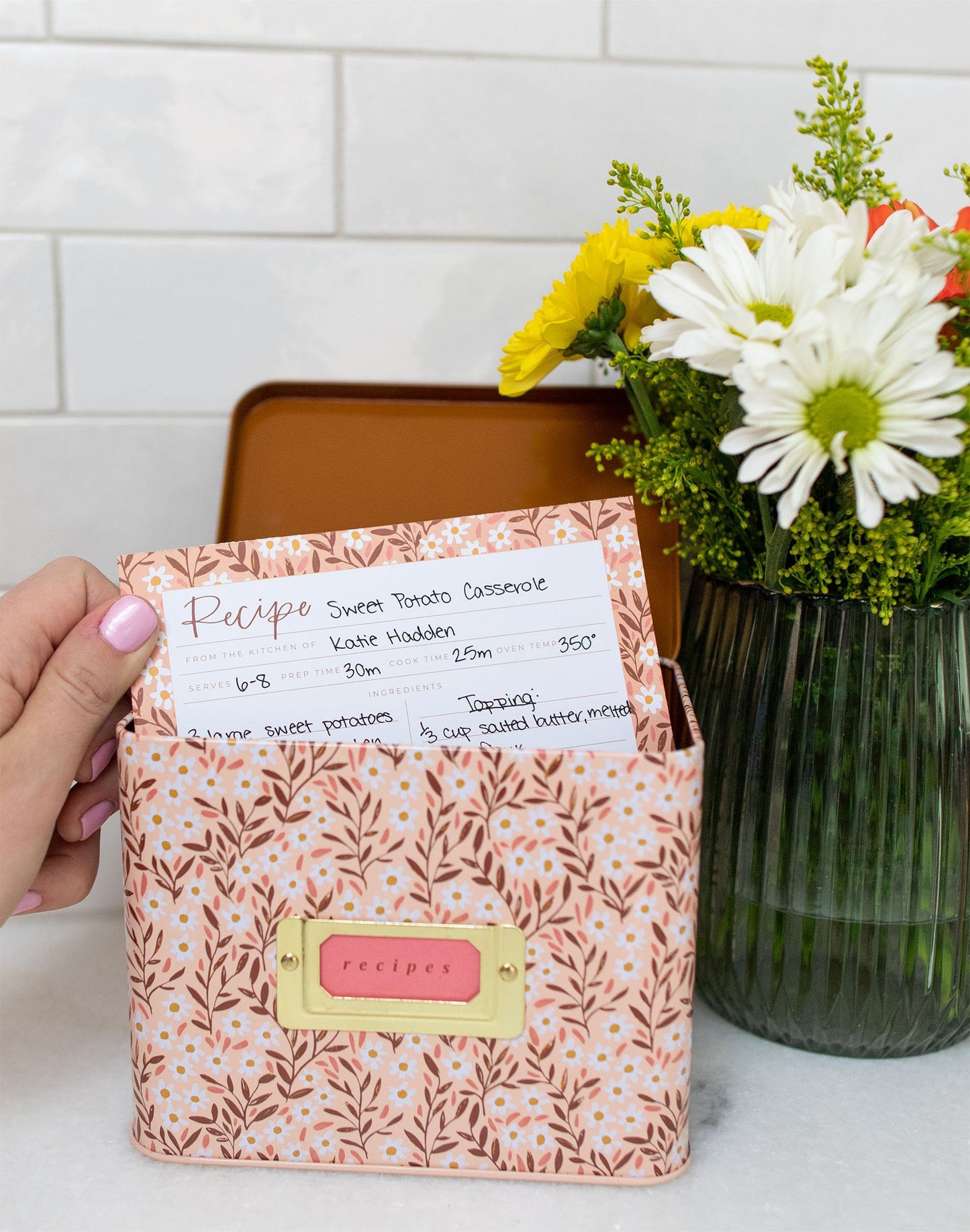 Metal Recipe Box; Pink Tiny Floral