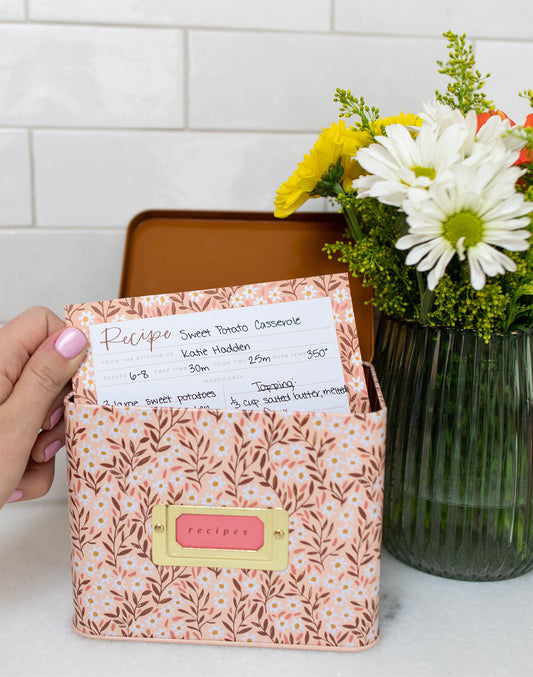 Metal Recipe Box; Pink Tiny Floral
