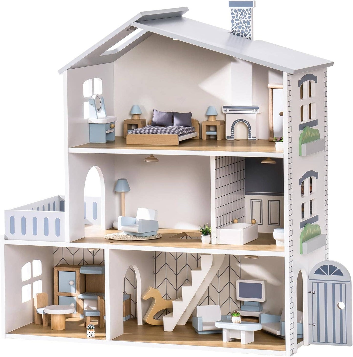 Wooden Dollhouse; 3 Story Doll House Set with Furniture (23 Pcs)