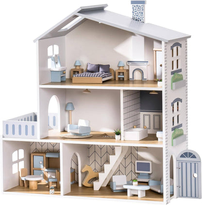 Wooden Dollhouse; 3 Story Doll House Set with Furniture (23 Pcs)