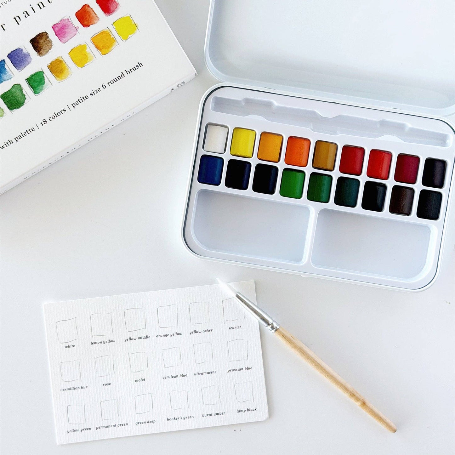 Emily Lex Studio watercolor paint set flat lay on white surface; open tin at right showing 18 paint pans and two mixing trays; color swatch card and size 6 round brush laid out below; product box at upper left showing color swatches and "18 colors | petite size 6 round brush" text