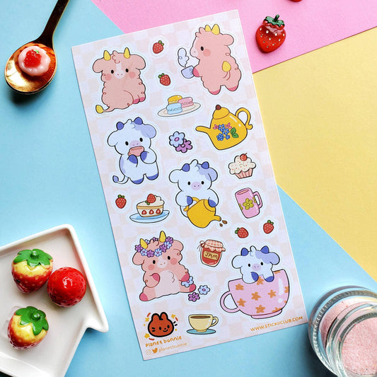 Stickii Sticker Sheet; Kawaii Cow Tea Party