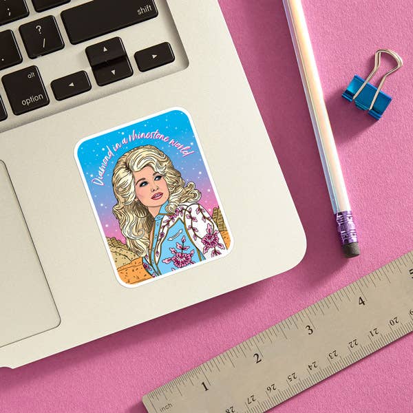 The Found Dolly Diamond in a Rhinestone World Die Cut Sticker shown at scale — 2.35×3 inch vinyl die-cut sticker with white border; white background