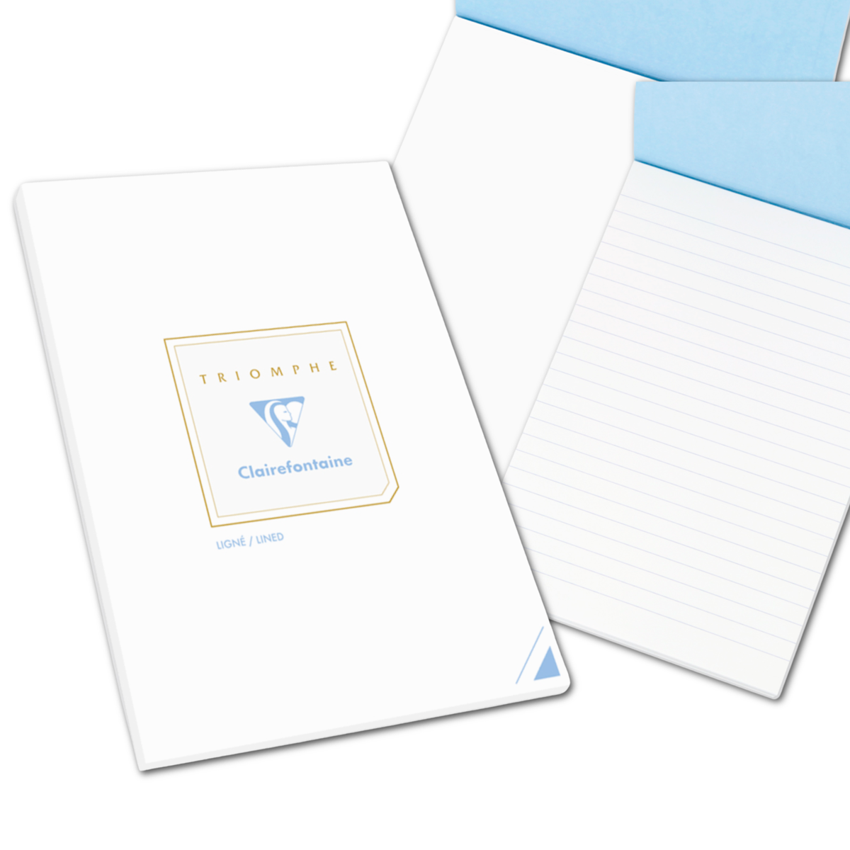 Clairefontaine Triomphe stationery tablet front cover and open lined pages on white background — white cover with gold-bordered label reading "Triomphe Clairefontaine" and blue text "Ligné / Lined"; fanned open pages behind show pale blue-lined ruled paper and a light blue envelope corner at upper right
