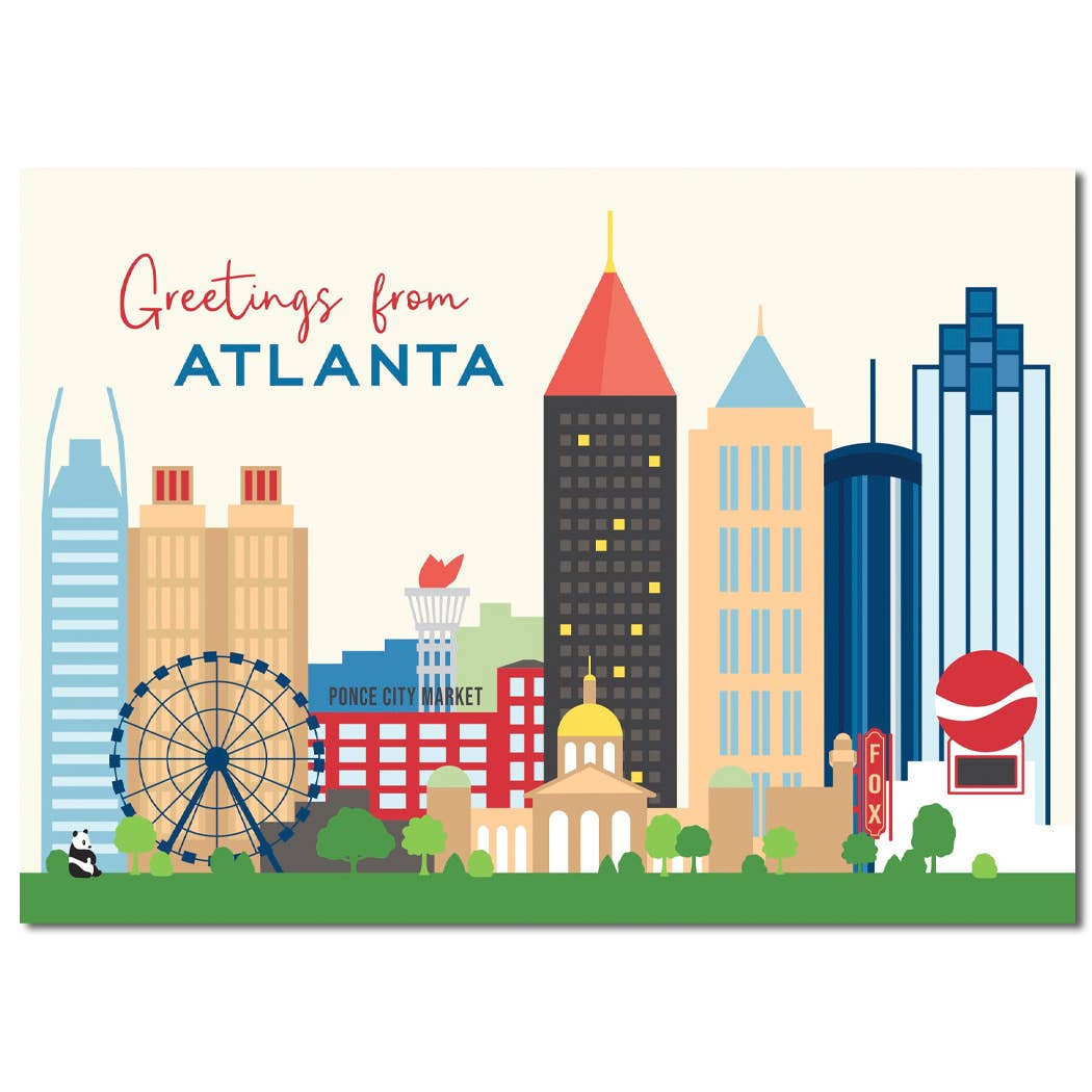 The Found Greetings From Atlanta Postcard — retro-style illustrated Atlanta skyline featuring the Fox Theatre, Ponce City Market, Georgia State Capitol dome, Ferris wheel, Olympic torch, and giant tennis ball in bold flat colors on a cream background, with "Greetings from Atlanta" in red script and bold blue type; white background