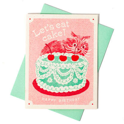 Birthday Card; Let's Eat Cake Cat (Risograph Card)
