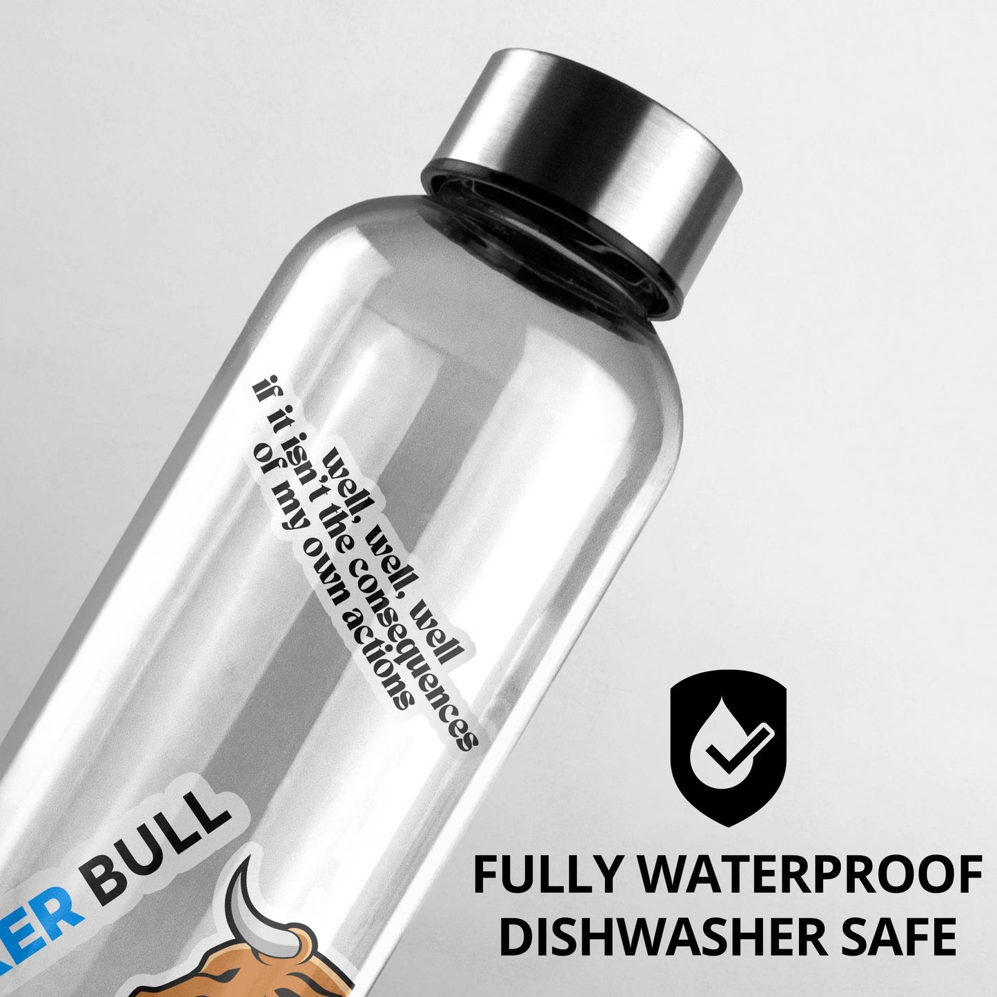 Sticker Bull Well Well Well If It Isn't the Consequences of My Own Actions funny vinyl sticker applied to a silver water bottle with Fully Waterproof Dishwasher Safe badge — light gray background
