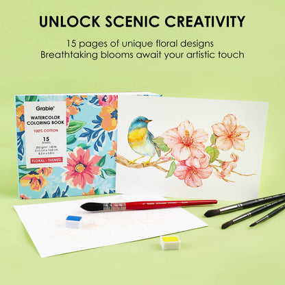 Grabie 15 Sheets 140LB Floral-Themed Watercolor Coloring Book