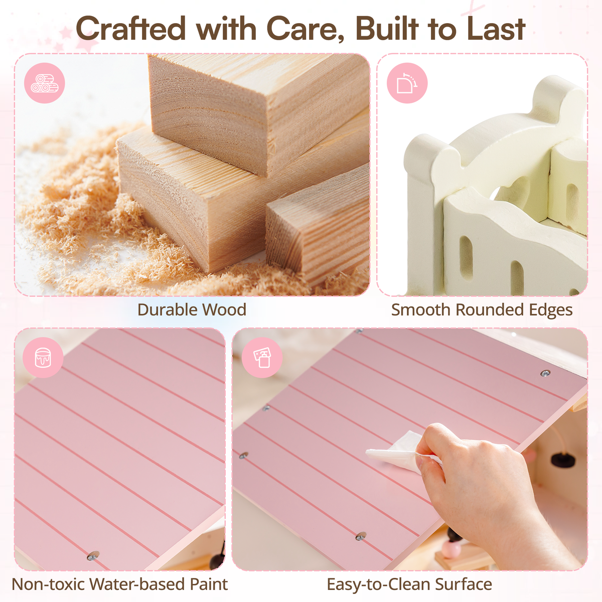 Robud dollhouse materials infographic — headline reads "Crafted with Care, Built to Last"; four quadrant close-ups labeled Durable Wood (stacked sanded wood blocks with shavings), Smooth Rounded Edges (white curved wooden joint), Non-toxic Water-based Paint (pink painted wooden panel), Easy-to-Clean Surface (child's hand wiping the pink roof panel)