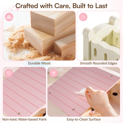 Robud dollhouse materials infographic — headline reads "Crafted with Care, Built to Last"; four quadrant close-ups labeled Durable Wood (stacked sanded wood blocks with shavings), Smooth Rounded Edges (white curved wooden joint), Non-toxic Water-based Paint (pink painted wooden panel), Easy-to-Clean Surface (child's hand wiping the pink roof panel)