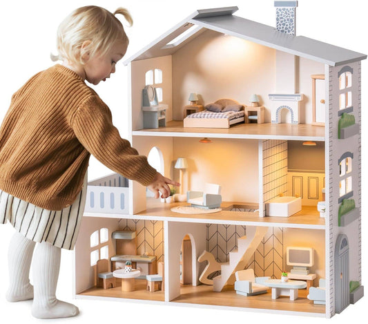 Wooden Dollhouse; 3 Story Doll House Set with Furniture (23 Pcs)