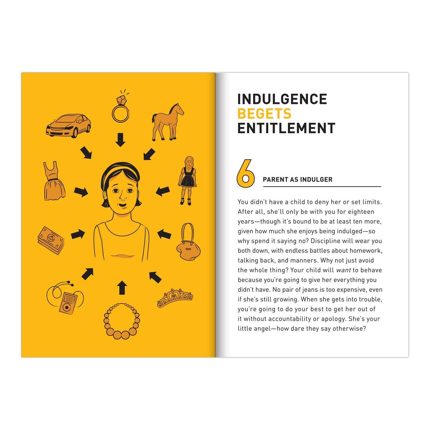 Interior spread of How to Traumatize Your Children showing Chapter 6 "Parent as Indulger: Indulgence Begets Entitlement" — yellow page with illustrated diagram of a girl surrounded by arrows pointing to luxury items including car, ring, horse, dress, doll, purse, tiara, necklace, and music player, with chapter text on the right
