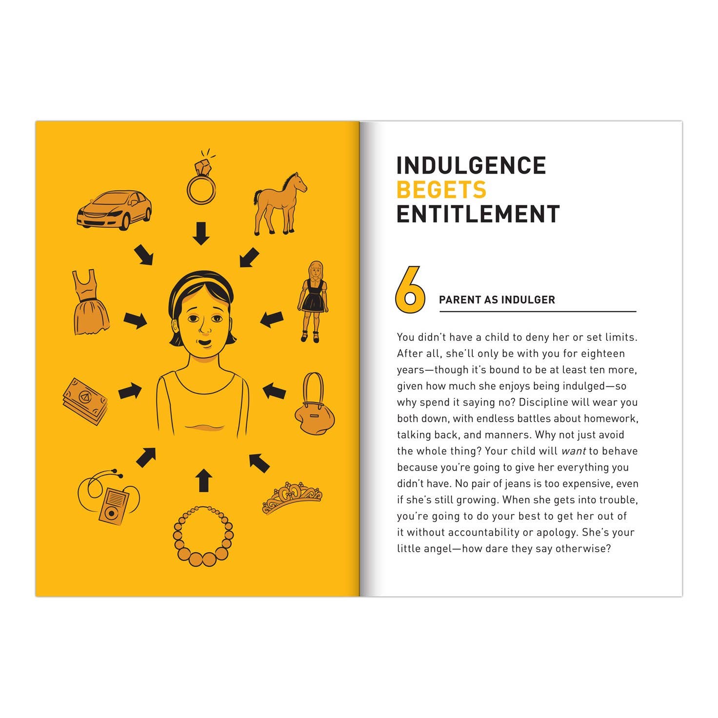 Interior spread of How to Traumatize Your Children showing Chapter 6 "Parent as Indulger: Indulgence Begets Entitlement" — yellow page with illustrated diagram of a girl surrounded by arrows pointing to luxury items including car, ring, horse, dress, doll, purse, tiara, necklace, and music player, with chapter text on the right
