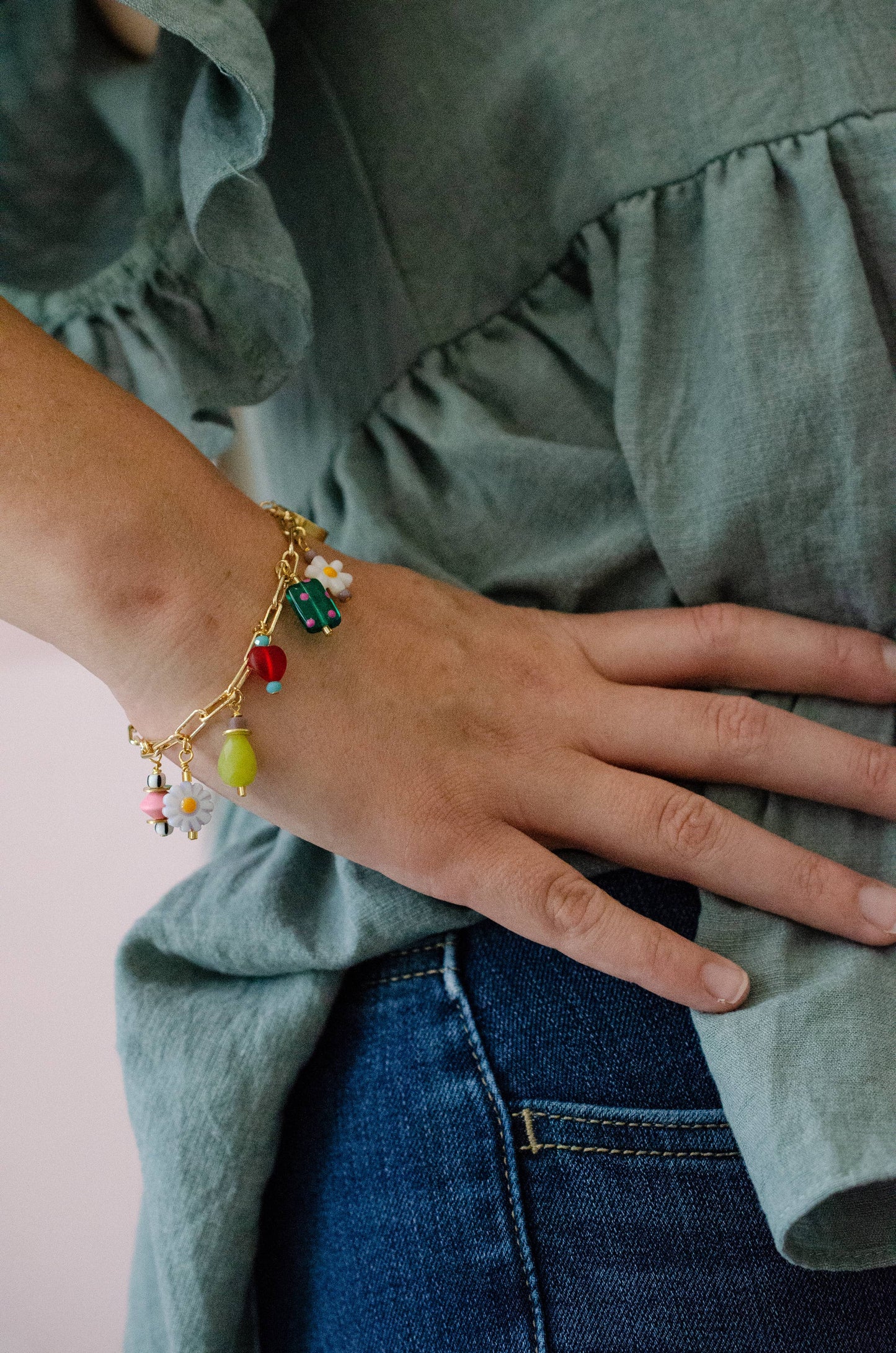 Bracelet; Ladybird Flower Charm (Colorful, Gold) By Jill Makes