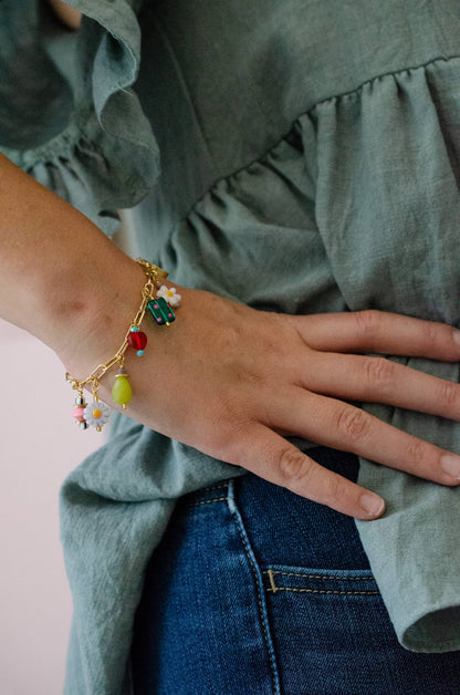Bracelet; Ladybird Flower Charm (Colorful, Gold) By Jill Makes