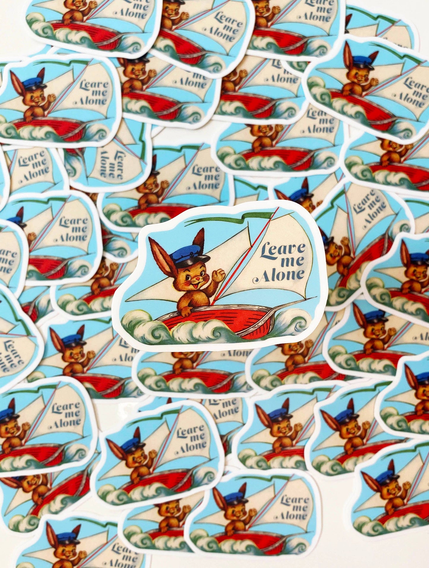 Vinyl Sticker; Leave Me Alone (Funny Rabbit in Boat)