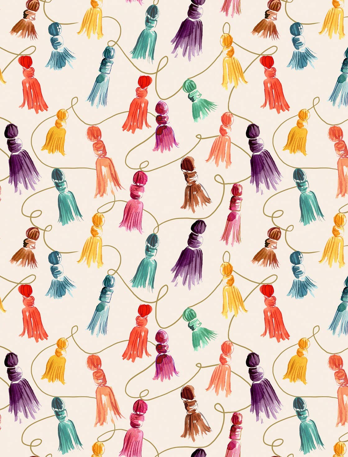 Helmsie wrapping paper sheet with tassel garland pattern — strings of multi-colored bunched tassels repeating on an ivory background
