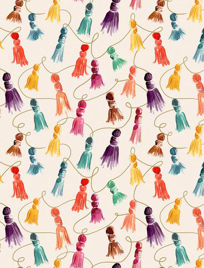 Helmsie wrapping paper sheet with tassel garland pattern — strings of multi-colored bunched tassels repeating on an ivory background