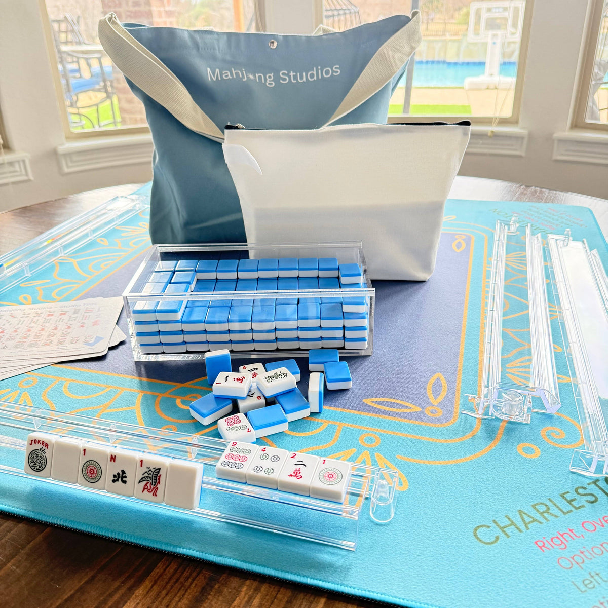 Mahjong Studios Studio Tiles Mahjong Set | 166 Tiles Blue Bundle with Clear Racks