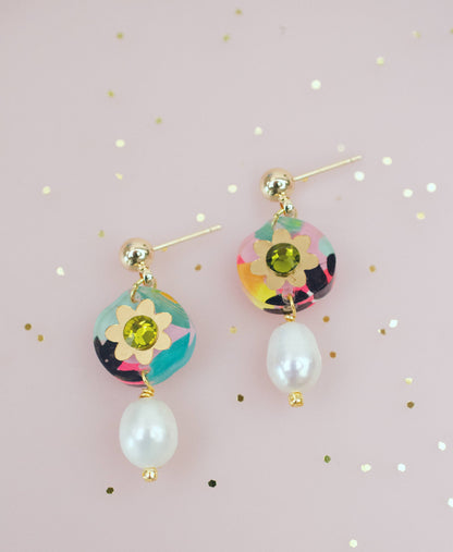 Earrings; Pearl Drop Rhinestone (Hand-painted, Gold) By Jill Makes