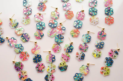 Earrings; Flower Dangle (Hand-painted, Colorful, Gold Accents) By Jill Makes