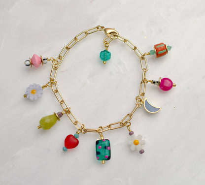 Bracelet; Ladybird Flower Charm (Colorful, Gold) By Jill Makes