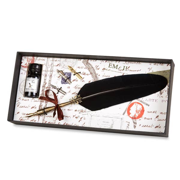 Brass Feather Nib Pen Set (With Italian Ink & Three Nibs, Black and Burgundy)