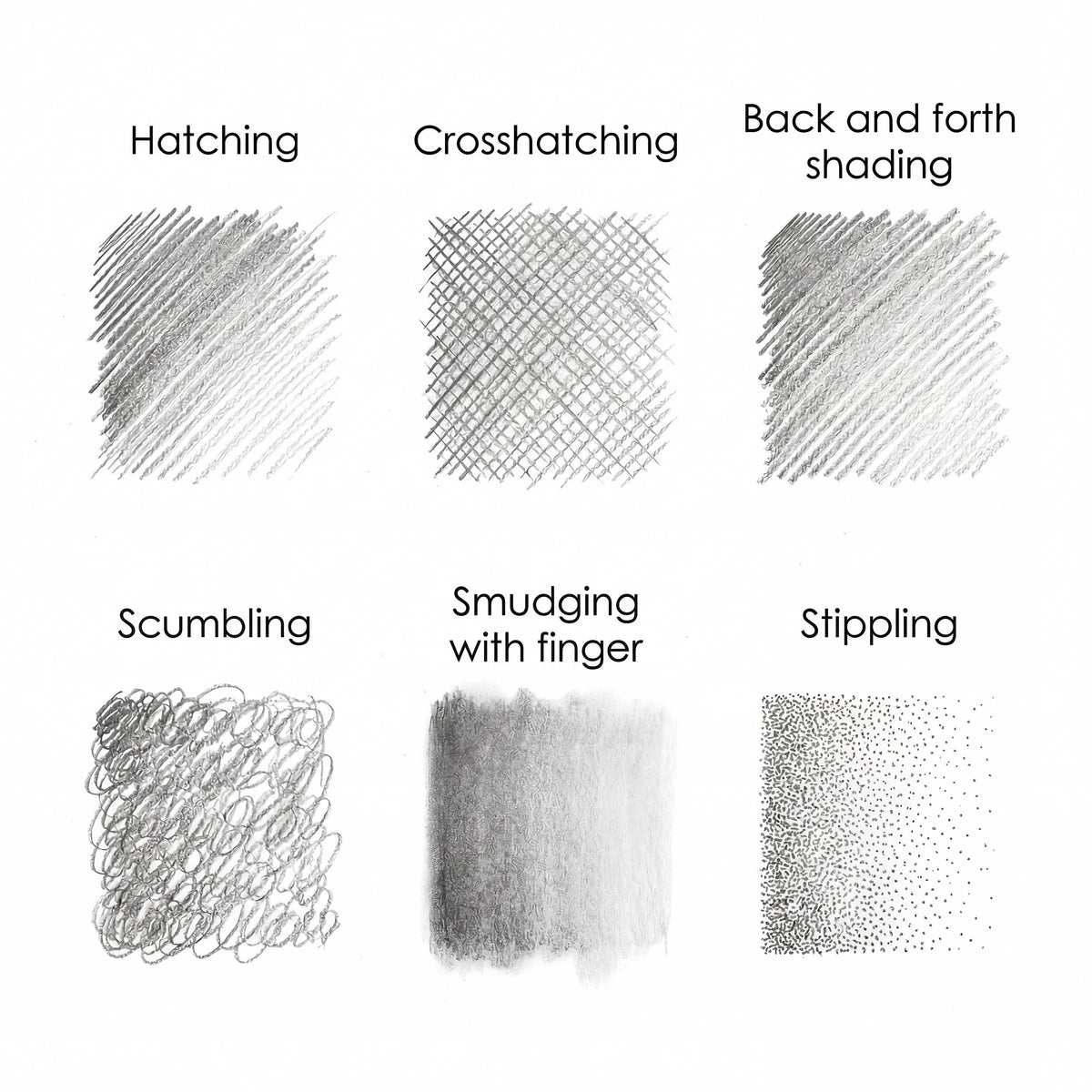 Graphite technique reference chart on white background — six labeled pencil drawing technique samples: hatching (parallel lines), crosshatching (grid lines), back and forth shading (smooth gradient), scumbling (circular loops), smudging with finger (soft blended tone), and stippling (dotted texture)