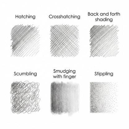 Graphite technique reference chart on white background — six labeled pencil drawing technique samples: hatching (parallel lines), crosshatching (grid lines), back and forth shading (smooth gradient), scumbling (circular loops), smudging with finger (soft blended tone), and stippling (dotted texture)