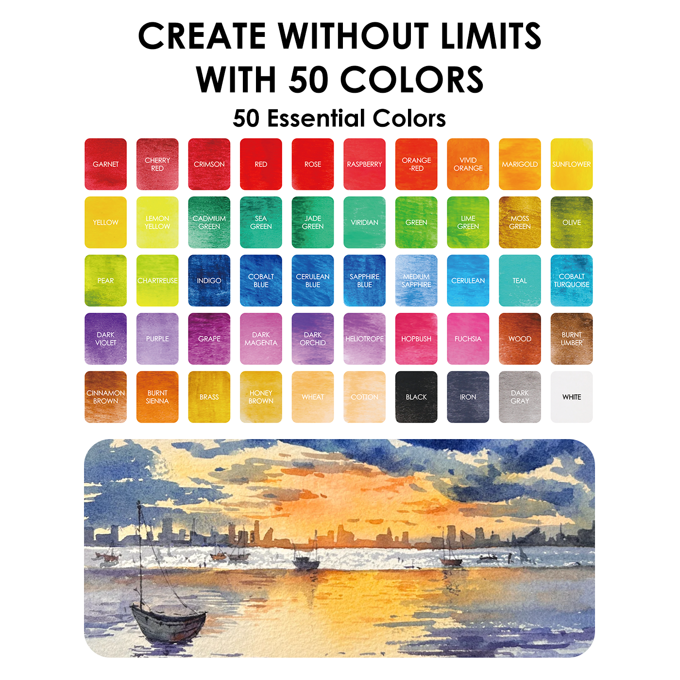 Grabie All-In-One Premium Watercolor Set of 50 (Paper, Pen, & 7 Brushes Included)