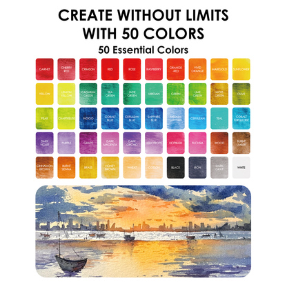 Grabie All-In-One Premium Watercolor Set of 50 (Paper, Pen, & 7 Brushes Included)