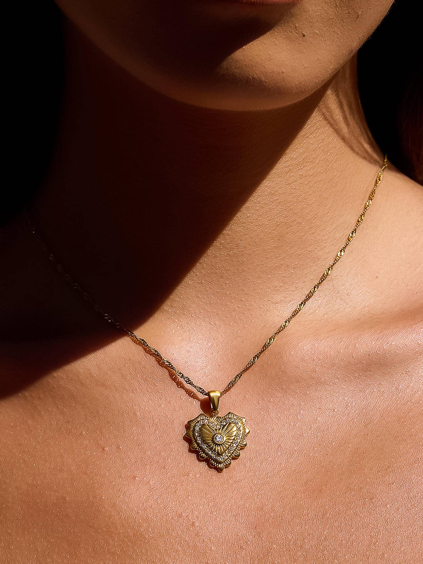 Heart Pendant Necklace; Valea (18K Gold, Non-Tarnish, CZ)