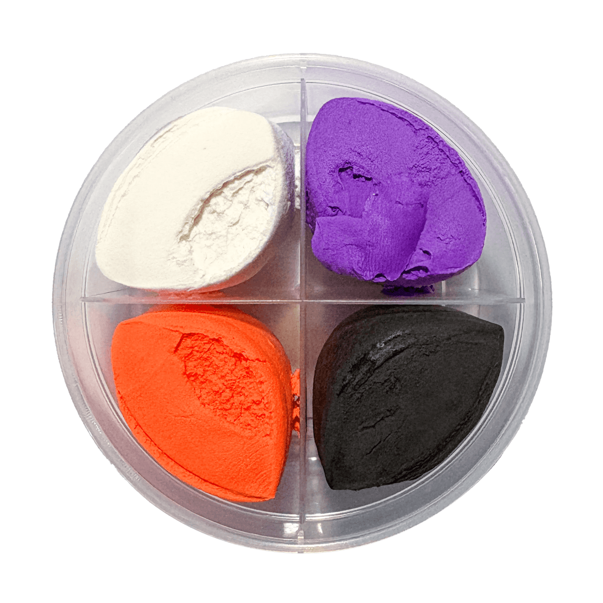 Top-down view of open OOLY Creatibles Spooky BFFs round clay tub showing four air dry clay colors: white, purple, orange, and black