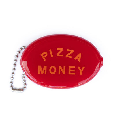 Three Potato Four Pizza Money rubber coin pouch on white background — oval glossy red squeeze pouch with bold orange arched "PIZZA MONEY" lettering across the face in two lines; silver ball chain with lobster clasp attached at left side