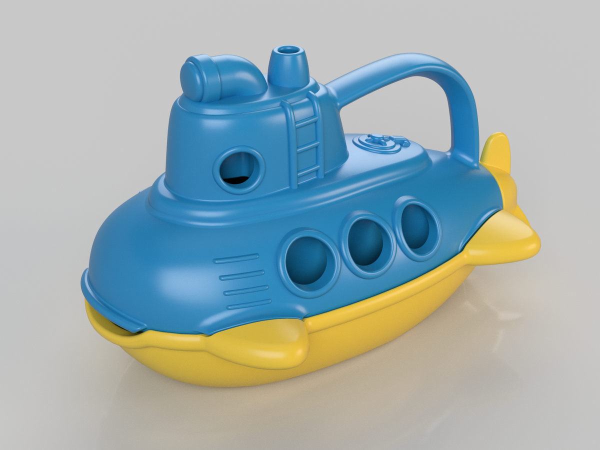 Green Toys Bubbling Submarine product render on light grey background — blue and yellow submarine shown in three-quarter rear view; rounded blue conning tower with molded periscope and ladder detail, large looped blue carry handle, three circular porthole windows on the hull side, and yellow torpedo-shaped hull with yellow tail fins; Green Toys logo embossed on the hull