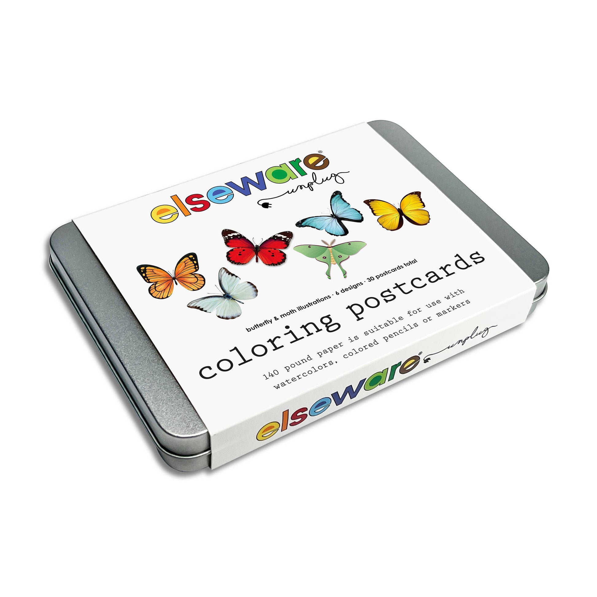 Elseware Unplug coloring postcards tin three-quarter angle on white background — silver tin tilted showing front label with colorful Elseware Unplug logo; 6 butterfly and moth illustrations including orange monarch, light blue butterfly, red monarch, green luna moth, yellow clouded sulfur, and teal blue morpho; text reads "butterfly & moth illustrations · 6 designs · 30 postcards total" and "coloring postcards" with "140 pound paper" note; Elseware Unplug logo repeated on the narrow side edge
