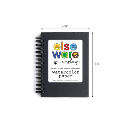 Elseware Unplug small watercolor paper pad on white background with dimension callouts — black spiral-bound pad with white label showing colorful Elseware Unplug logo and "watercolor paper" title; measurements annotated as 4 1/4" wide by 5 3/4" tall; label reads "cold press, 110 pound, wood-free, mixed mediums, great absorbency, versatile and strong"