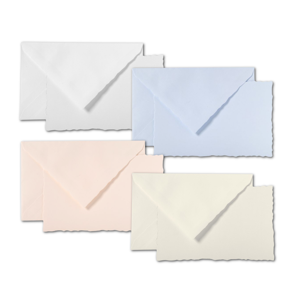G. Lalo Vergé de France card and envelope sets shown in all four colors on white background — two stacked pairs per color: white (top left), pale blue (top right), blush rose (bottom left), and ivory (bottom right); all feature deckle edges on cards and matching diagonal-flap envelopes