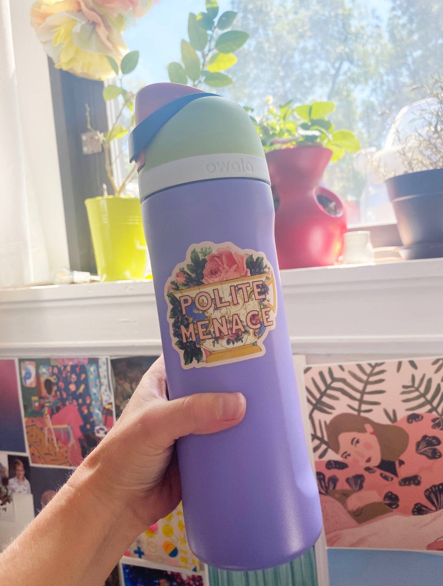 Vinyl Sticker; Polite Menace Teacup (Funny)