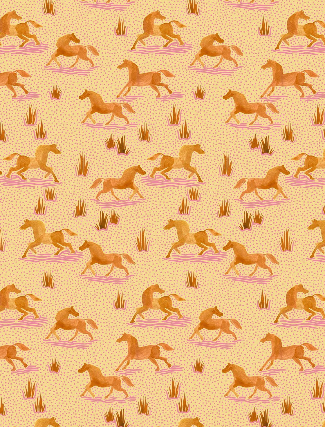 Helmsie wrapping paper sheet with running horses pattern — dark orange horses galloping in different directions with pink motion lines beneath their hooves on a peach speckled background