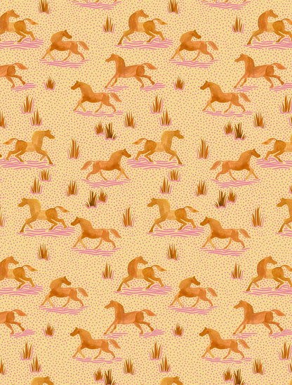 Helmsie wrapping paper sheet with running horses pattern — dark orange horses galloping in different directions with pink motion lines beneath their hooves on a peach speckled background