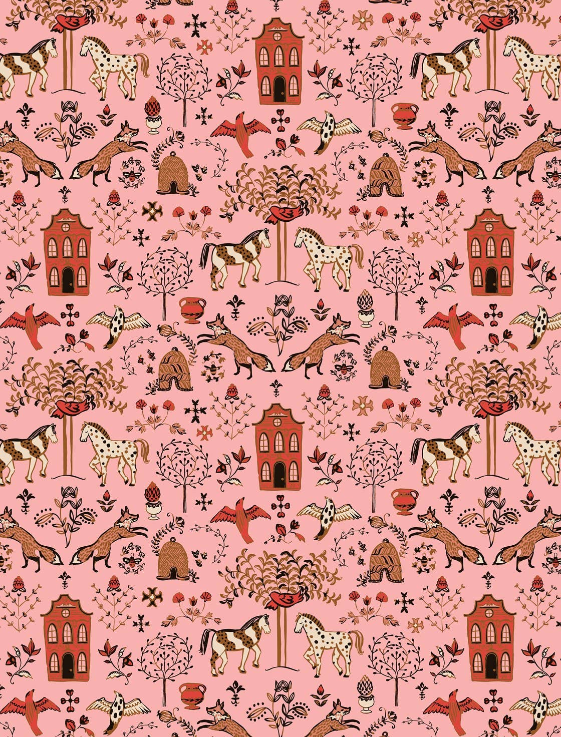 Helmsie wrapping paper sheet with folk art pattern — spotted horses, foxes, winged birds, red buildings, and decorative trees and florals on a pink background
