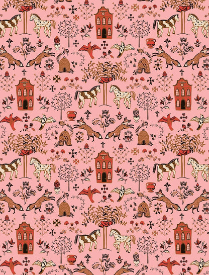 Helmsie wrapping paper sheet with folk art pattern — spotted horses, foxes, winged birds, red buildings, and decorative trees and florals on a pink background
