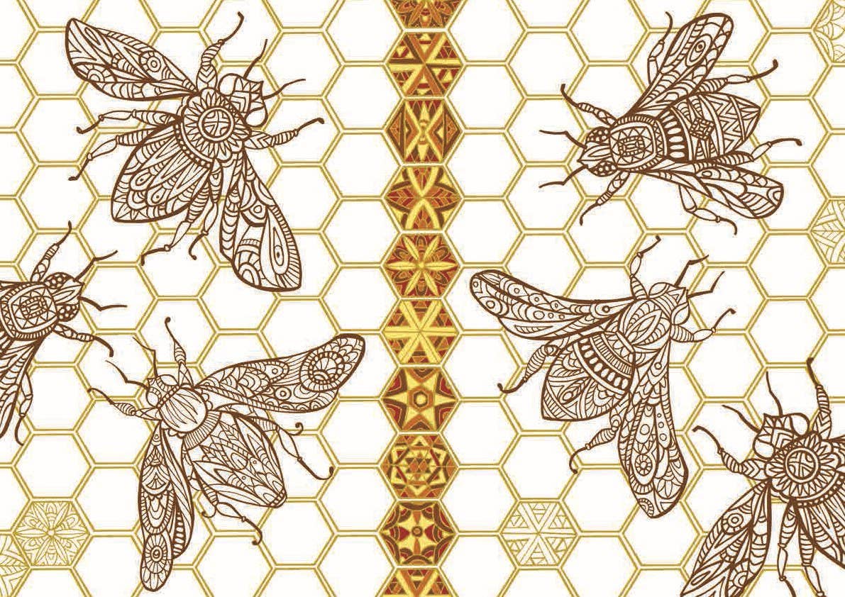 Interior page from Color Therapy coloring book — partially colored illustration of four mandala-style honeybees on a honeycomb grid background, with golden amber colored center column of geometric hexagonal medallions and brown ink bee body details on a white background