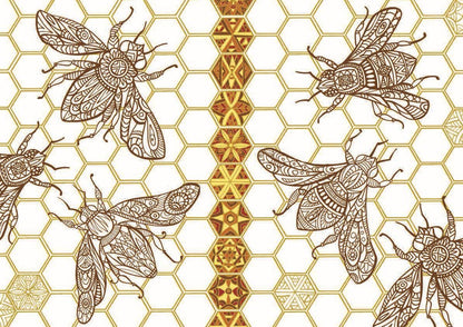 Interior page from Color Therapy coloring book — partially colored illustration of four mandala-style honeybees on a honeycomb grid background, with golden amber colored center column of geometric hexagonal medallions and brown ink bee body details on a white background